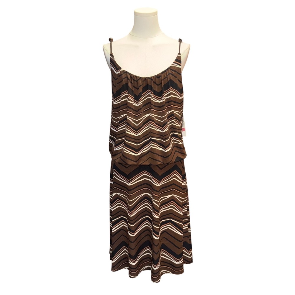 London Times Blouson Dress Womens 12 Brown New Chevron Geometric Midi